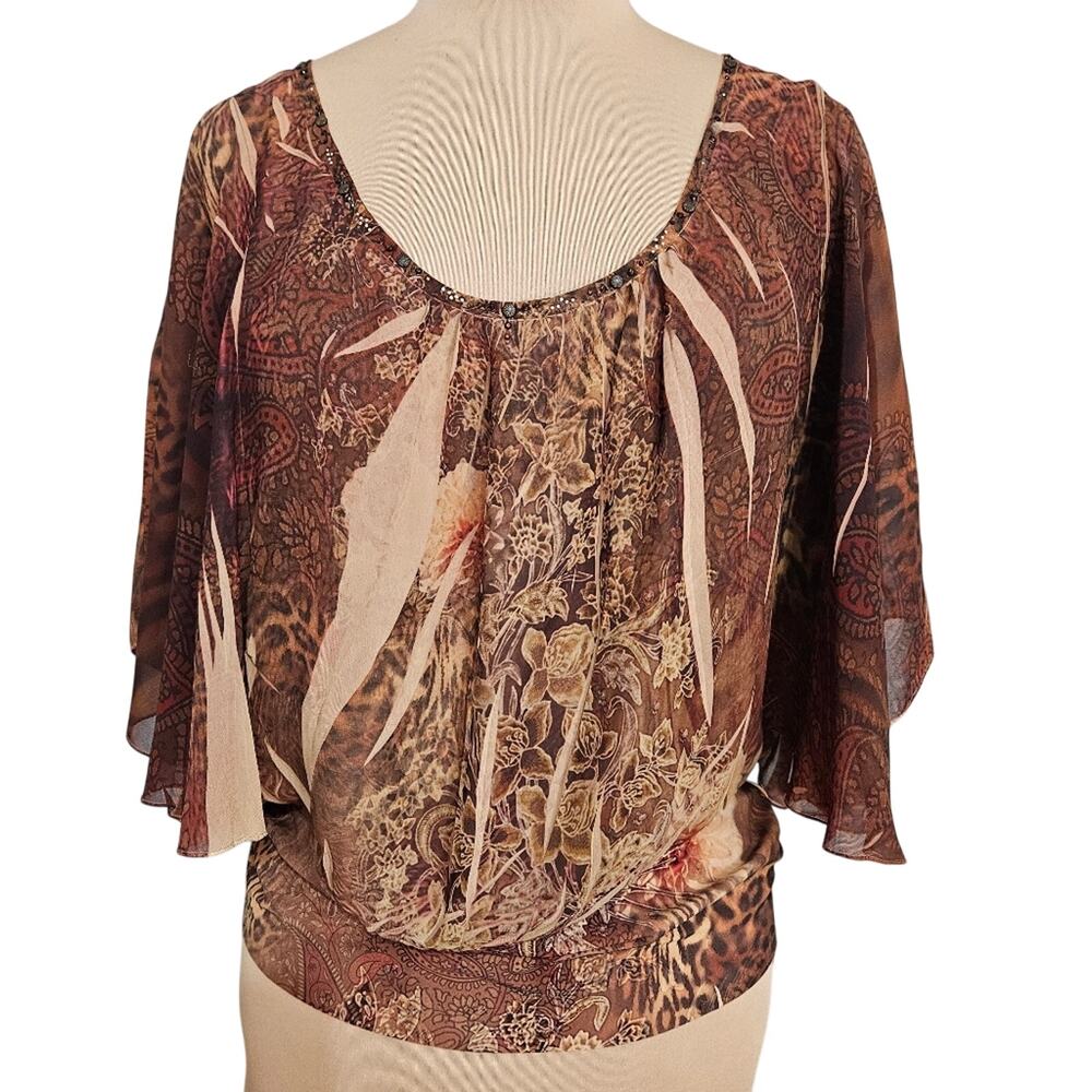 Elegant Brown Top XL‎ Bat Wing Sleeves Semi Sheer Beaded Neck Fairy Whimsigoth